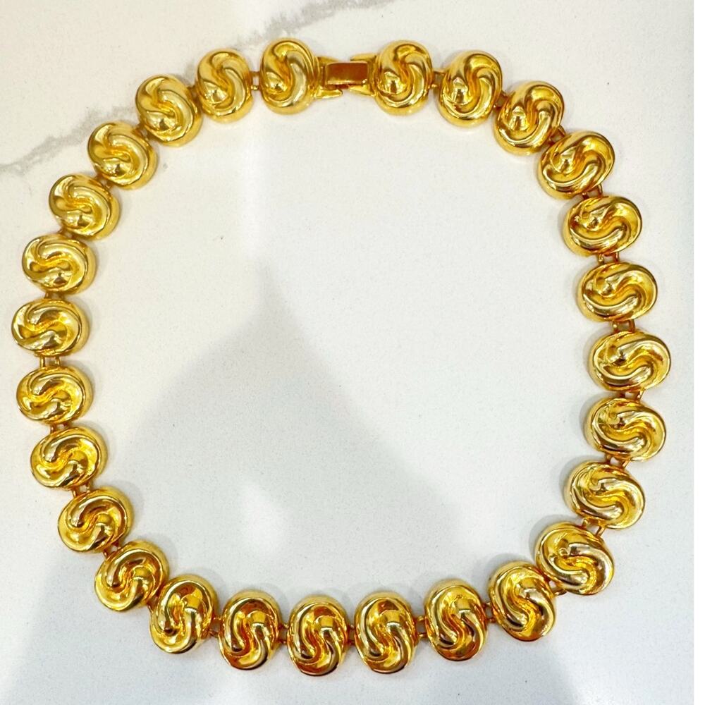 Vintage Gold Tone Swirl Link Statement Necklace 1980s Chunky Collar